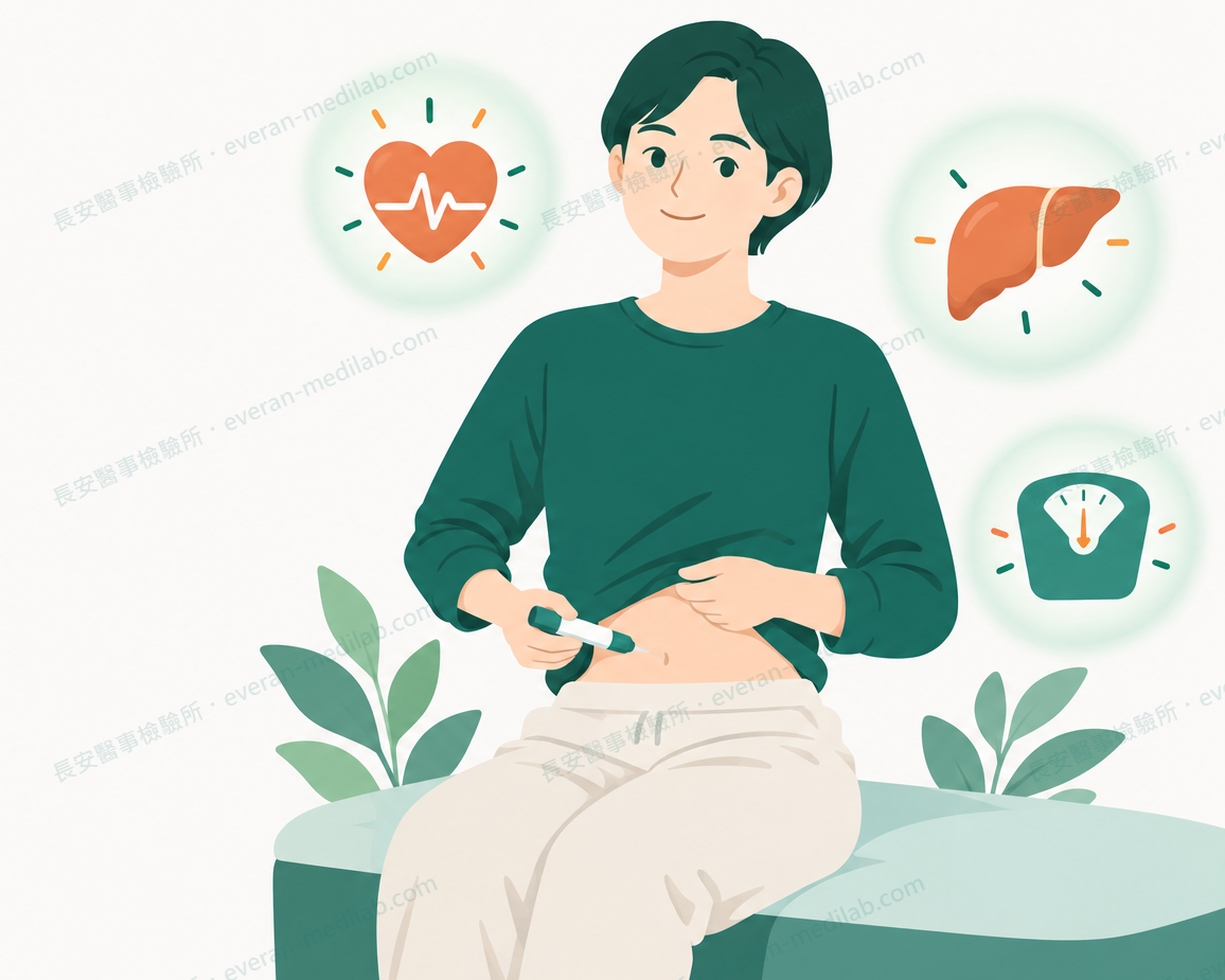 插圖:一位成人在腹部施打每週一次的減重筆針,旁邊有健康的心臟、肝臟和體重計圖示