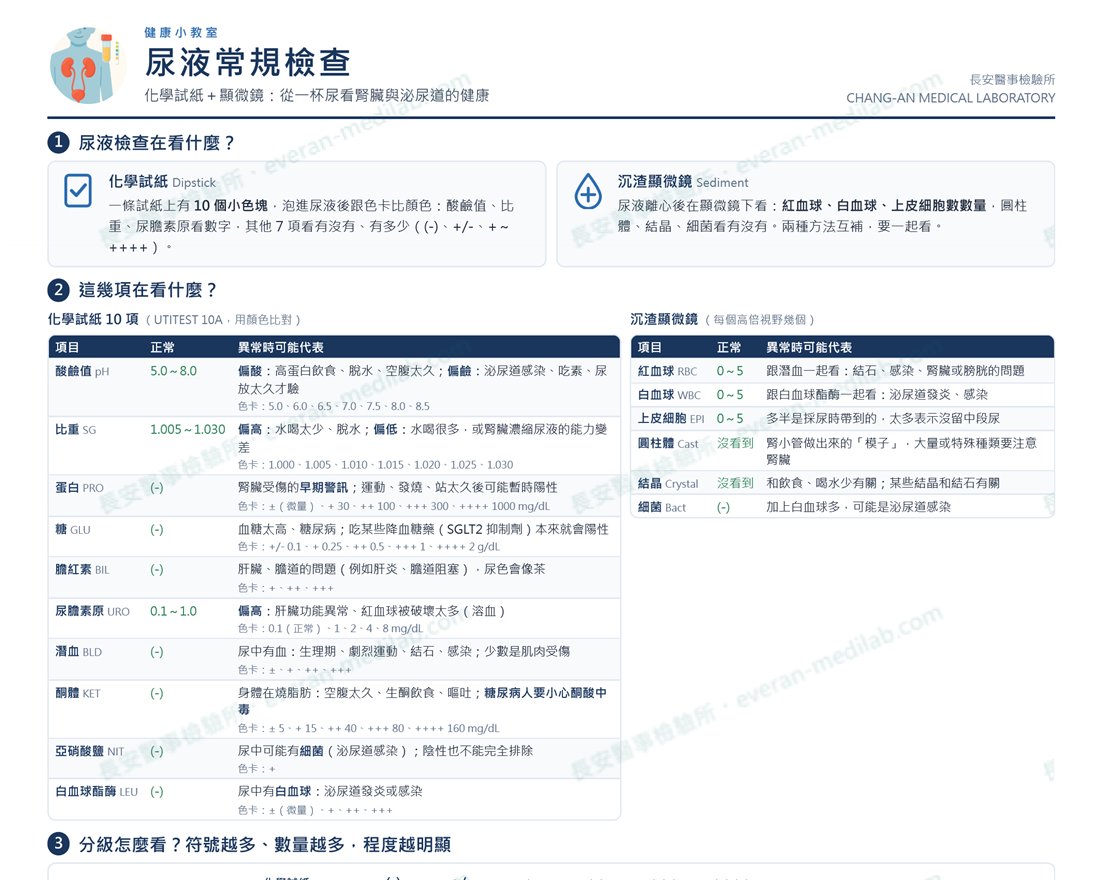 長安醫事檢驗所衛教單張「尿液常規檢查」上半部