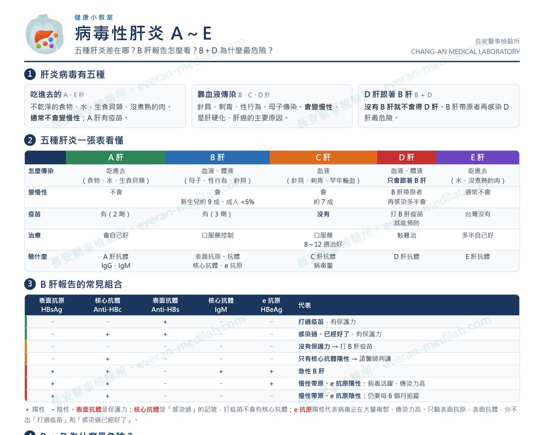 長安醫事檢驗所衛教單張「病毒性肝炎 A～E」上半部